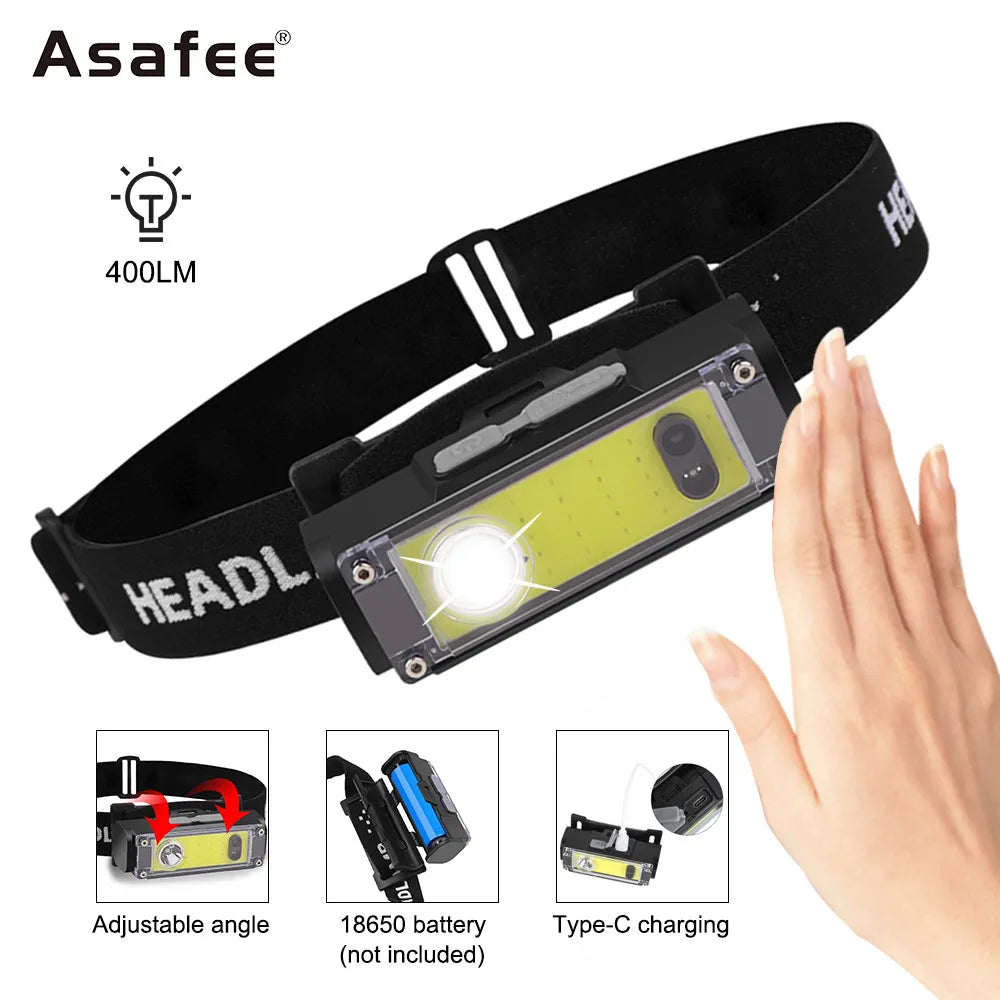 Asafee XPE+COB LED 400LM Headlight Type-C Chargering Waterproof IPX4 Headlamp Camping Night Fishing Speciai Work Climb Cycling-WAYBIKER