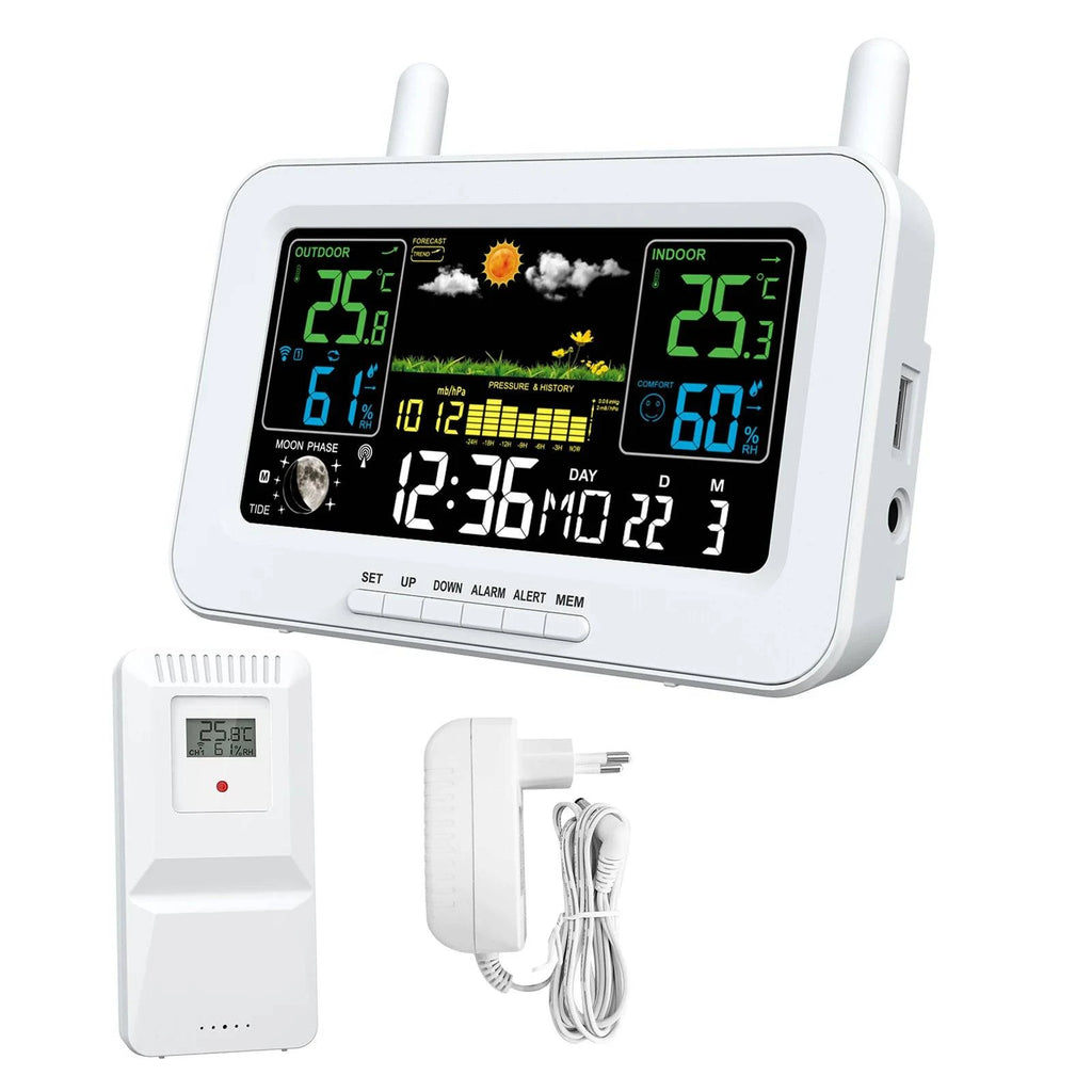 Color Screen Smart Weather Station USB Output Indoor and Outdoor Thermometers and Hygrometers Temperature and Humidity Meter-WAYBIKER