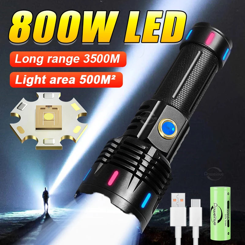 New Ultra Powerful Flashlight 800W LED Rechargeable High Power LED Flashlights 3500M Long Range Torch Outdoor Tactical Lantern-WAYBIKER