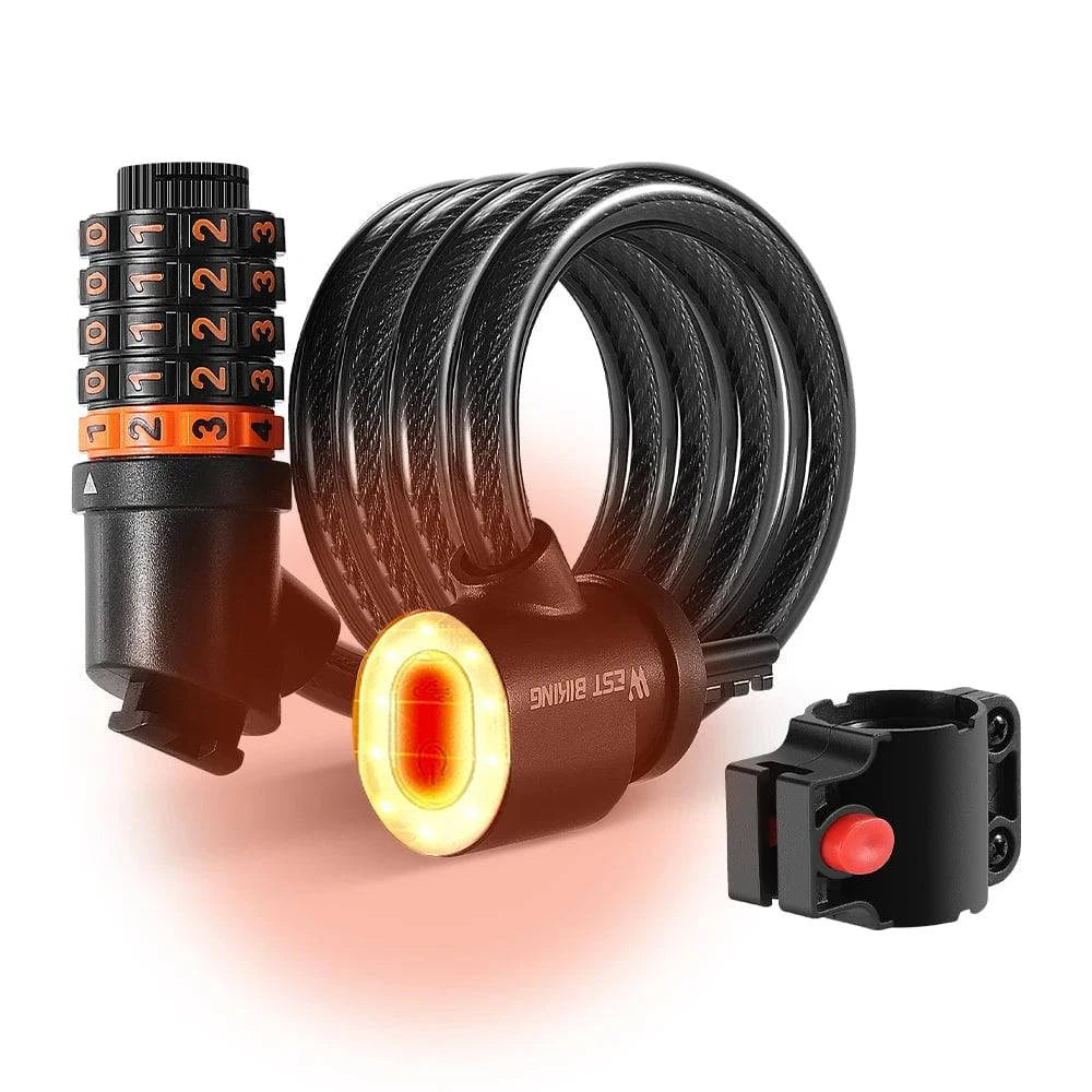 Bicycle Safety Lock Bike Motorcycle AntiTheft Elasticity Lock 5 Digits Combination Password Bike Steel Cable Lock with Taillight-WAYBIKER