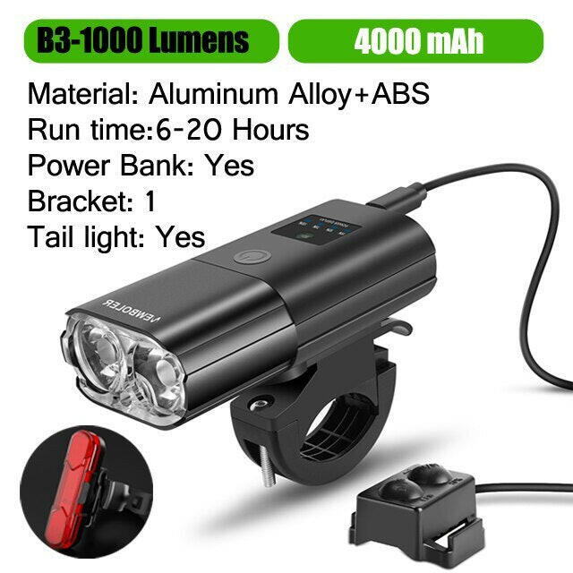 Bicycle Light 1000Lumen 4000mAh Bike Headlight Power Bank Flashlight Handlebar USB Charging MTB Road Cycling Highlight-WAYBIKER