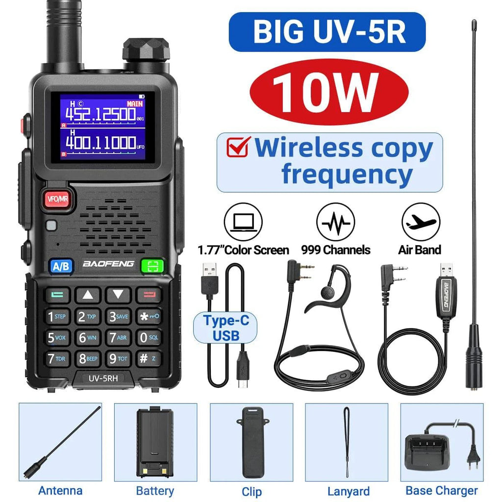 Baofeng UV-5RH 10W Air Band Walkie Talkie Wirless Copy Frequency 999CH Tri-power Type-C USB Long Range UV-5R Ham Two Way Radio-WAYBIKER