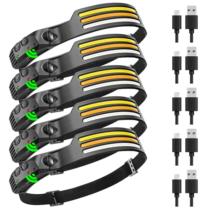 1/3/5/10PCS Sensor Headlamp 10 Lighting Modes Camping Fishing Search Light USB Rechargeable Waterproof LED Headlamp Headlight-WAYBIKER