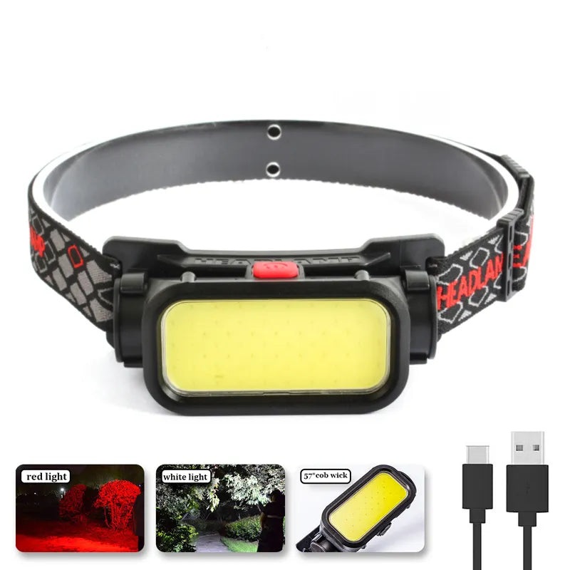 Portable Powerful LED Headlamp COB USB Rechargeable Headlight Built-in Battery Waterproof Head Torch Head Lamp-WAYBIKER