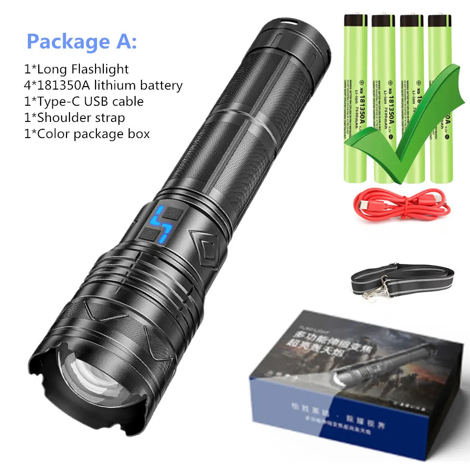 High Power 100W GT60 LED Flashlight Super Bright Spotlight Long Range Zoomable Emergency Torch Outdoor Flashlight Power Display-WAYBIKER