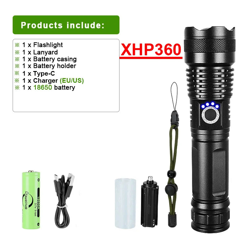 2023 XHP360 LED Ultra Powerful Flashlight Type-C Rechargeable LED Lantern 60W High Power LED Flashlight Camping Long Shot Torch