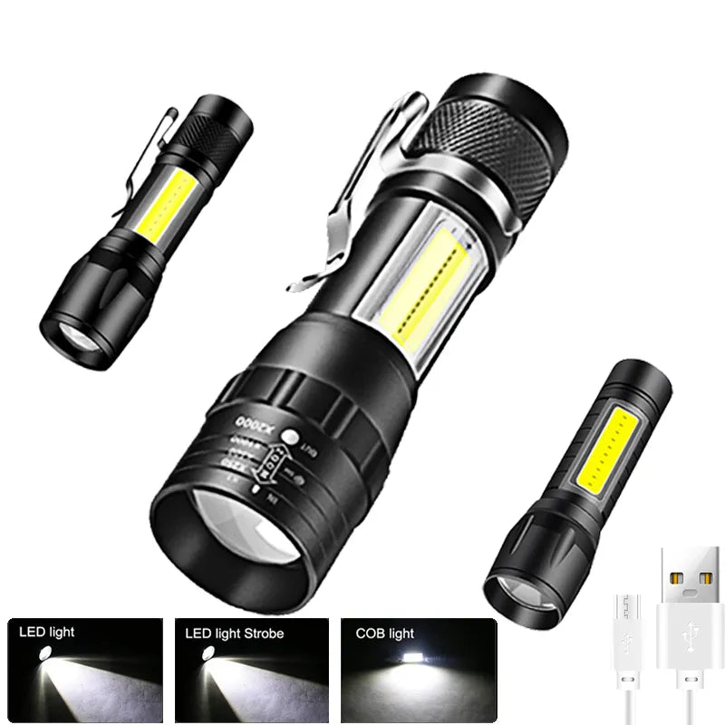 Portable Zoom LED Rechargeable Flashlight 3 Lighting Modes Camping Light Mini Torch Built In Battery Waterproof Long Range