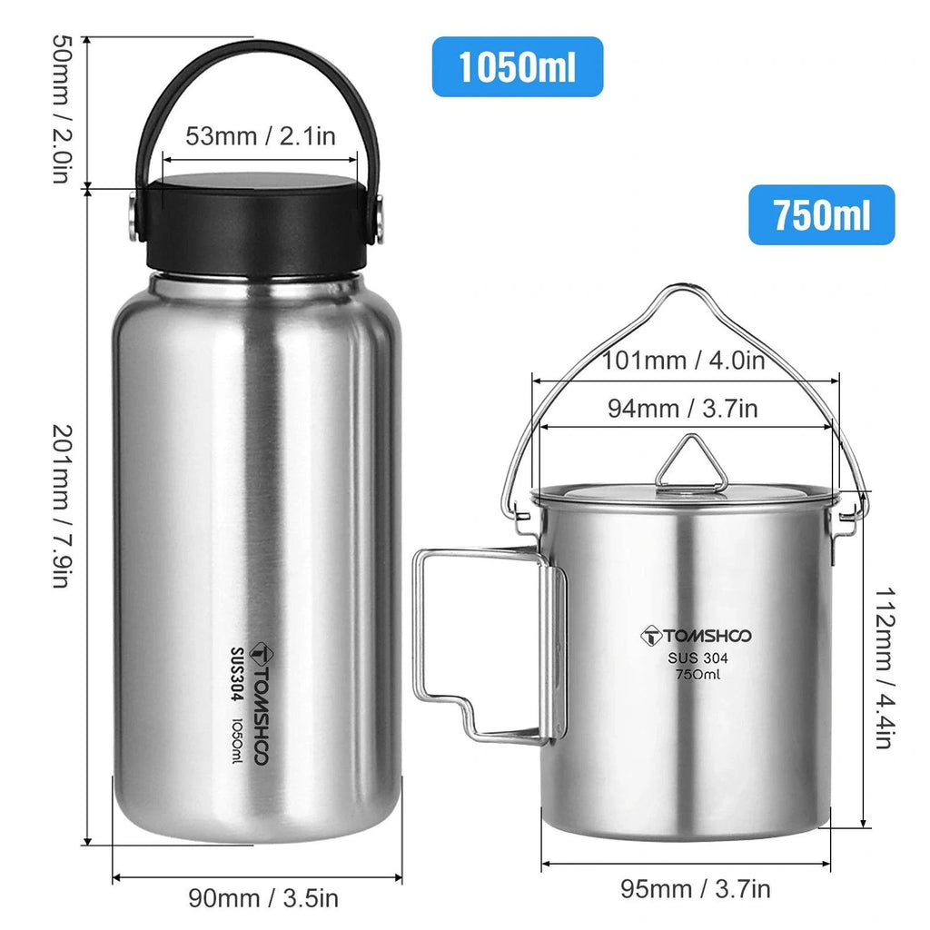 TOMSHOO 1050ml Leak Proof Sports Kettle Stainless Steel Water Bottle with 750ml Cup Coffee Mug Hanging Pot for Camping Tourist-WAYBIKER