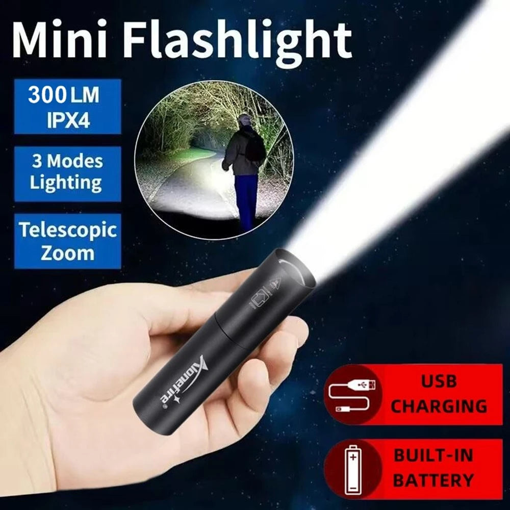 Zoom Small Palm Mini Flashlight Rechargeable Bright llighting Backpack Pocket Strobe Light Outdoor Hiking Camping Emergency Lamp