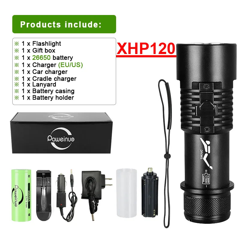 Super XHP120 Professional Diving Flashlight 300m Underwater Scuba Diving Torch IPX8 Waterproof Powerful Dive Light 26650 Battery-WAYBIKER
