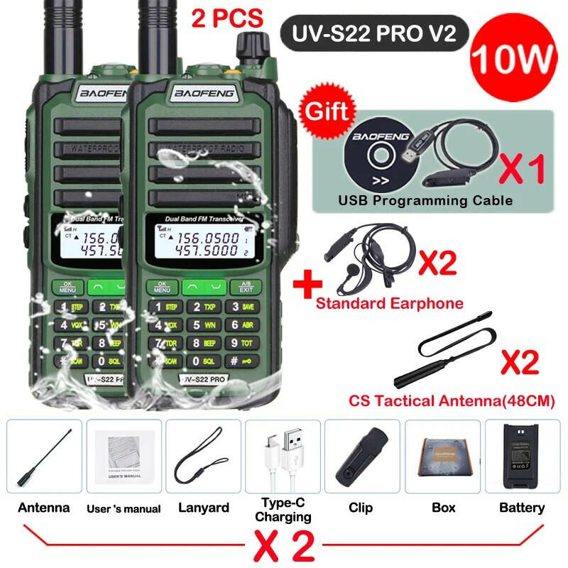 2pcs Baofeng Professional Walkie Talkie 10W Powerful UV S22 PRO IP68 Waterproof VHF UHF Dual Band Two Way CB Ham Radio For Hunt