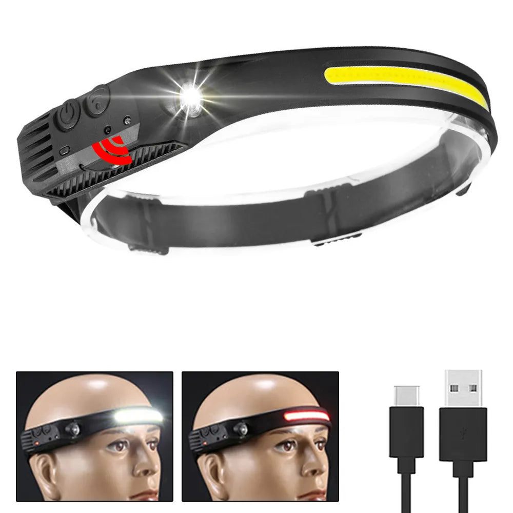 Multi-function Sensor Headlamp COB Head Lamp Flashlight Outdoor USB Rechargeable Waterproof Headlight 5 Lighting Modes Torch-WAYBIKER