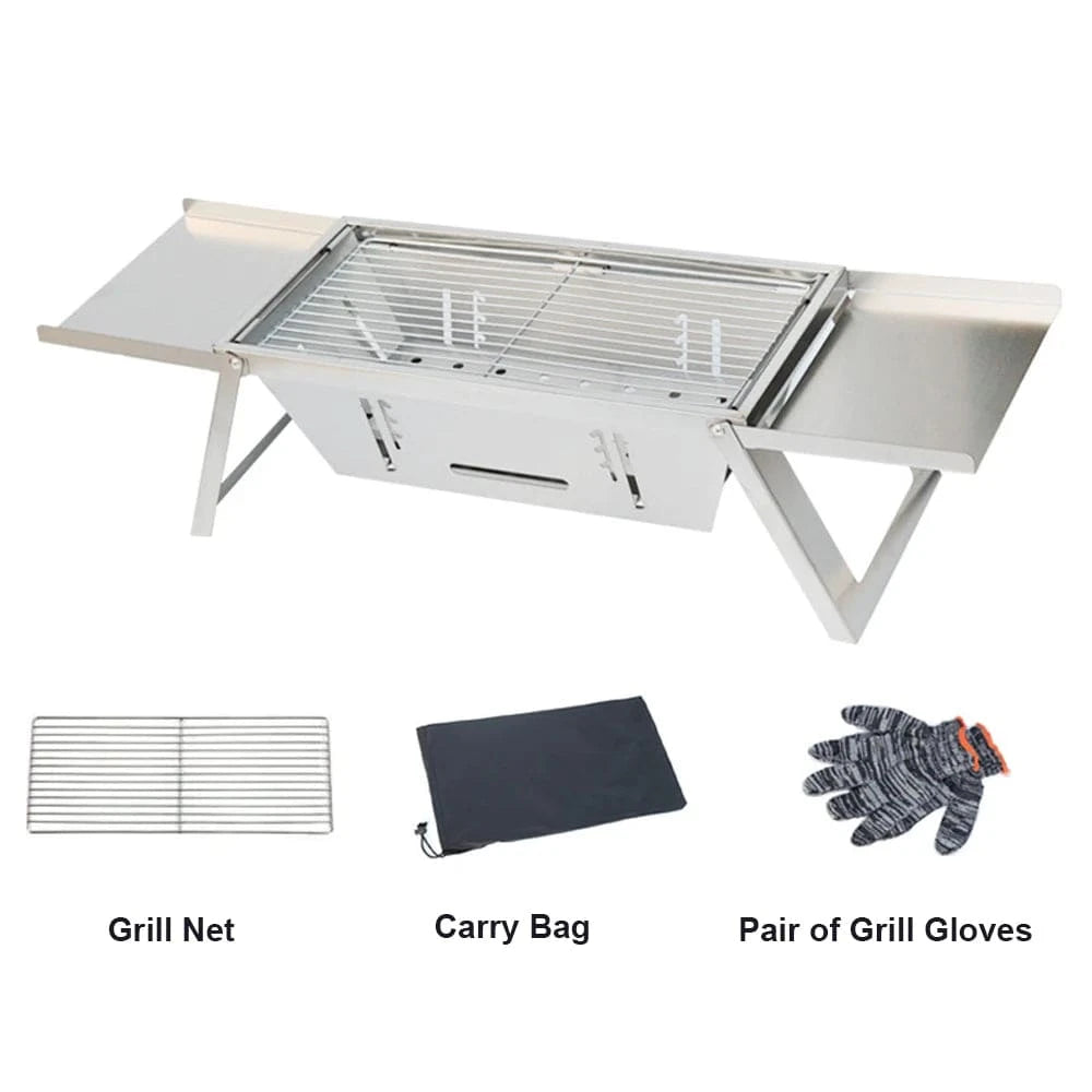 Portable Camping BBQ Grill 3 Hight Adjustable Stainless Steel Folding Charcoal Backpacking Stove with Grill Gloves Carry Bag-WAYBIKER