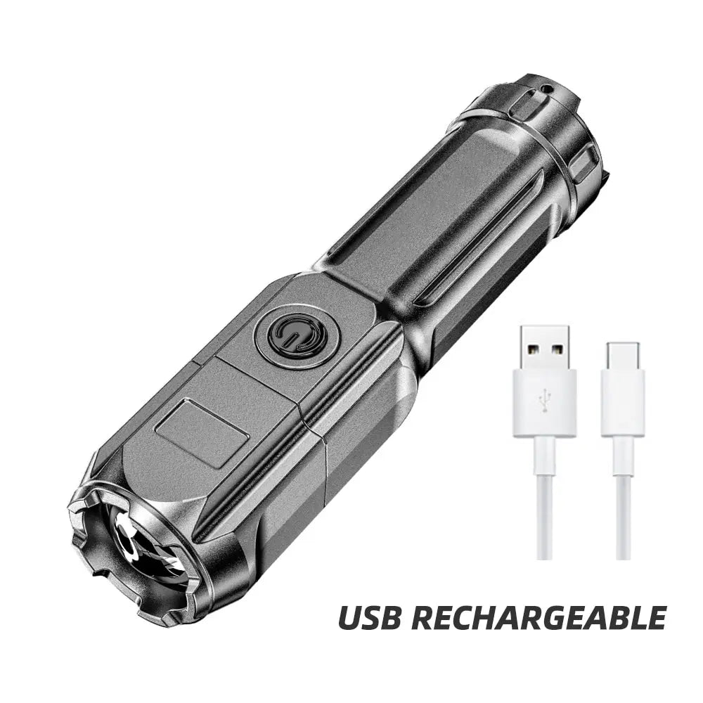 High Power LED Flashlight USB Rechargeable Torch Portable Zoomable Camping Light 3 Lighting Modes Use High Strength ABS Material