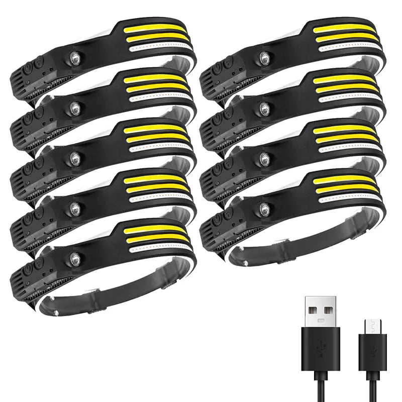 Multifunctional induction headlights 3 COB White red yellow light USB Rechargeable Head Torch 10 Lighting Modes Head Light-WAYBIKER
