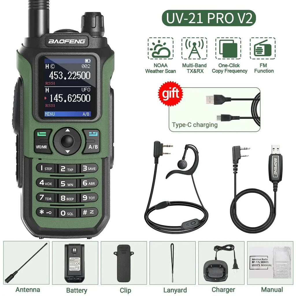 Baofeng UV-21 Pro V2 Wireless Copy Frequency Walkie Talkie Tri Band Waterproof 16 KM Long Range Type-C Charger UV 5R Ham Radio-WAYBIKER