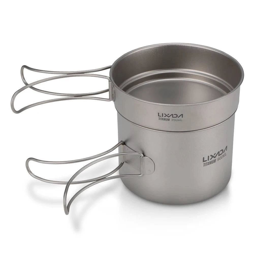 Lixada Ultralight Titanium Camping Pot Pan Cook Set Outdoor Camping Cookware Set 900ml Pot and 350ml Fry Pan with Folding Handle-WAYBIKER