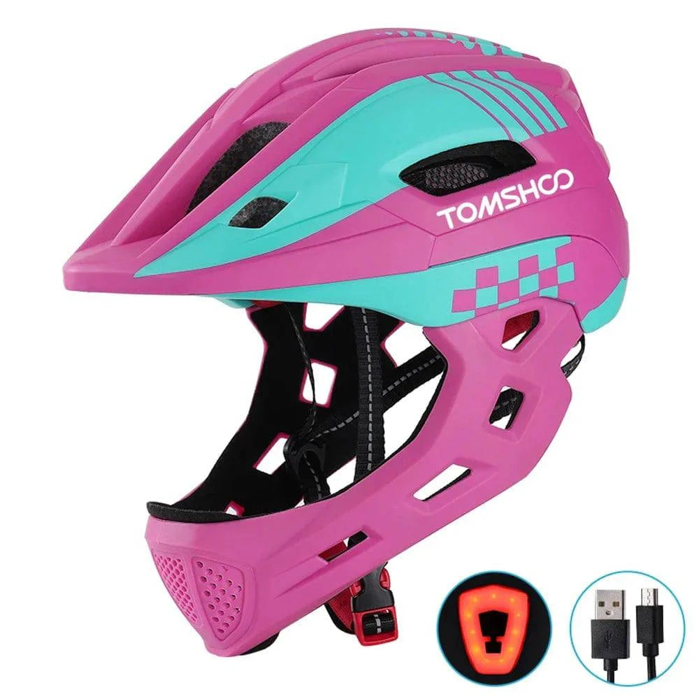 TOMSHOO Kid Bike Full Face Helmet Children Safety Riding Skateboard Rollerblading Helmet Sports Head Guard with Taillight-WAYBIKER