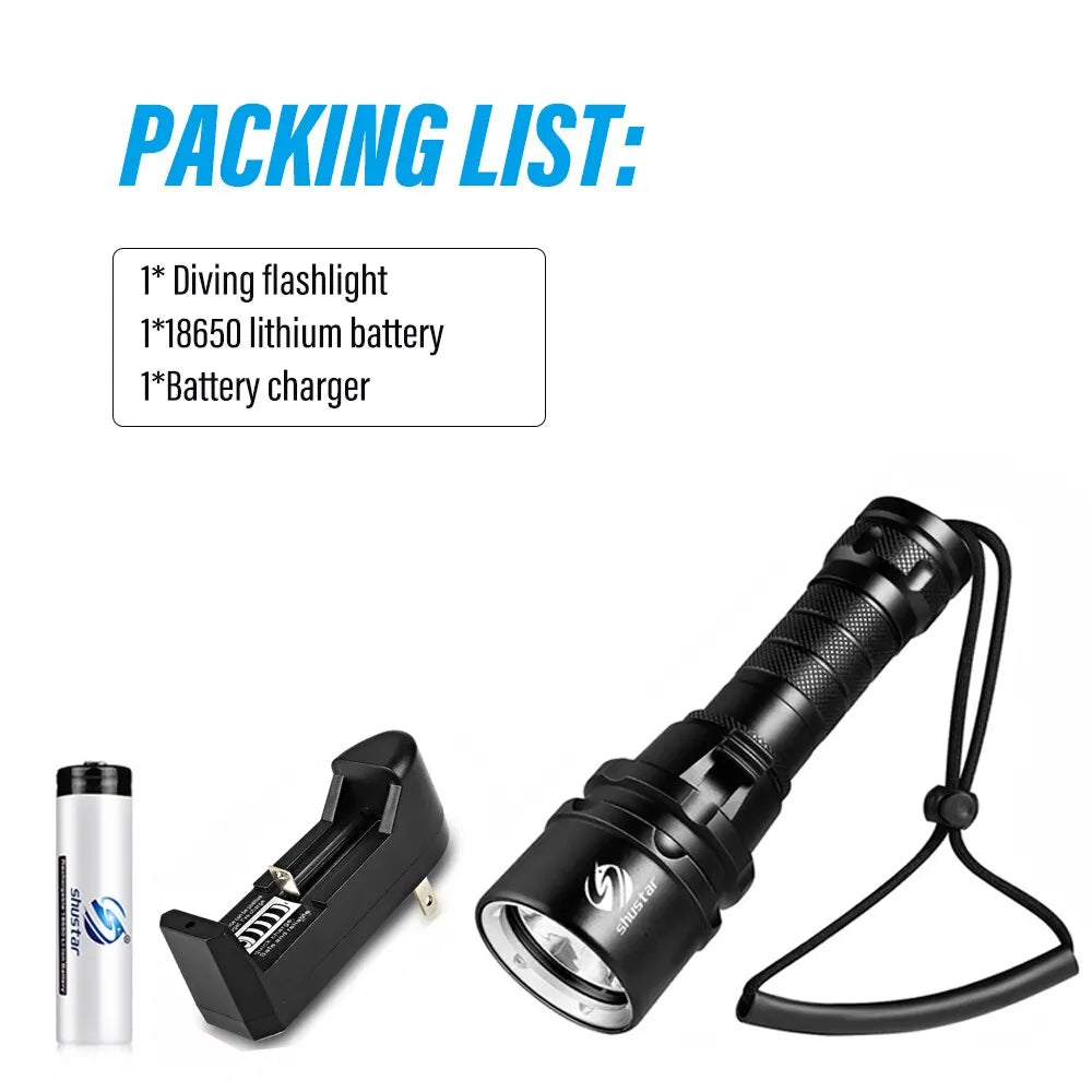 High Power Diving Flashlight IP68 Highest Waterproof Rating Professional Diving Light Powered by 18650 Battery With Hand Rope-WAYBIKER