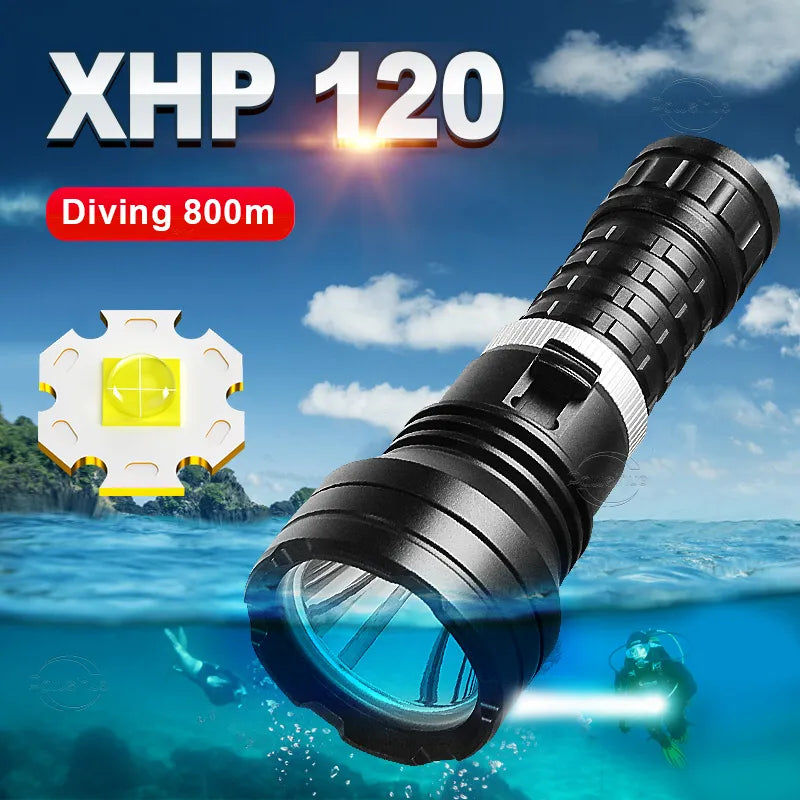Super 8000LM XHP120 LED Diving Flashlight Ultra Bright Underwater Light Powerful Scuba Dive Torch IPX8 Waterproof Diving Lantern-WAYBIKER