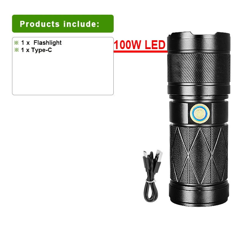 100W Powerful Flashlight With COB Light High Power Led Flashlights 7500mAh Powerful Torch Zoom 3000m Tactical Lantern Hand Lamp-WAYBIKER
