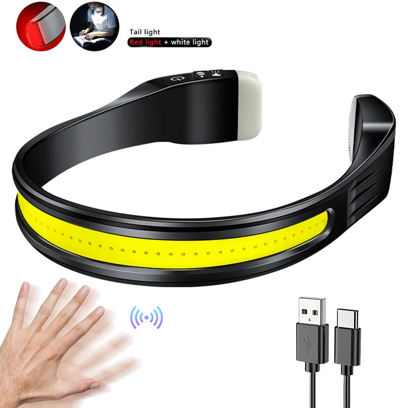 Running Headlamp USB C Rechargeable Built-in Battery Strong Light Fishing Reading Headlight with Tail Red and White Light-WAYBIKER