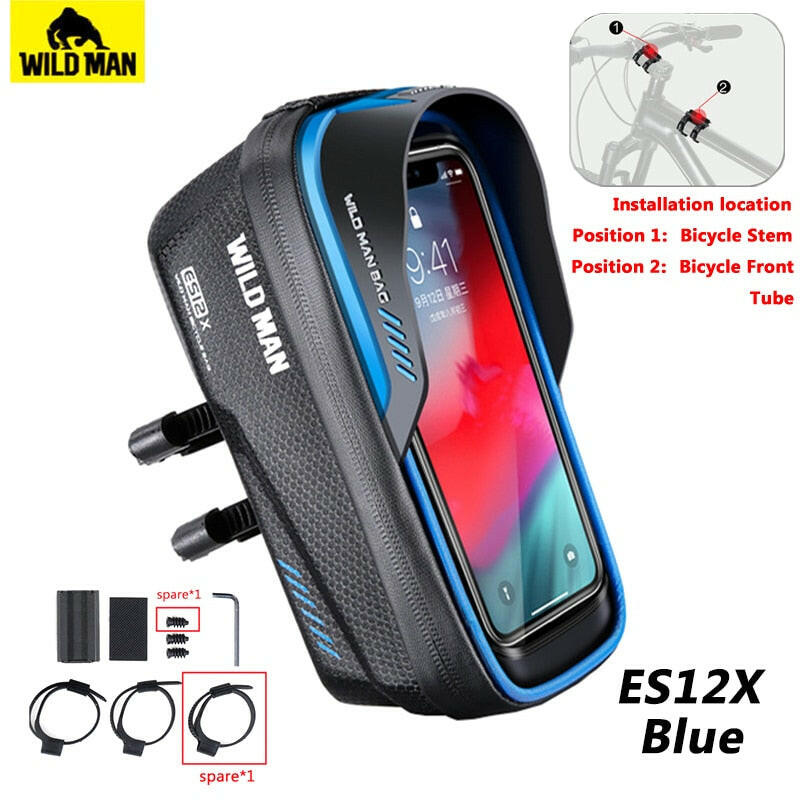 Wild Man Bicycle Bag Front Frame 1L Waterproof Cycling Front Tube Bag Phone Case Holder 6.8 Inch Touchscreen Bike Stem Bag-WAYBIKER