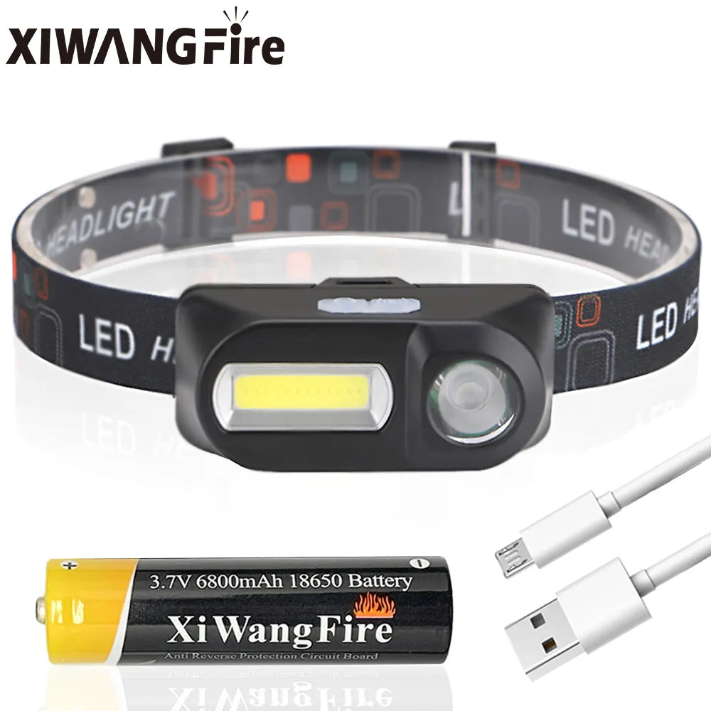 Portable Mini XPE+COB LED Headlamp USB Rechargeable Use 18650 Battery Head Lamp Camping Fishing Headlight Flashlight Torch-WAYBIKER