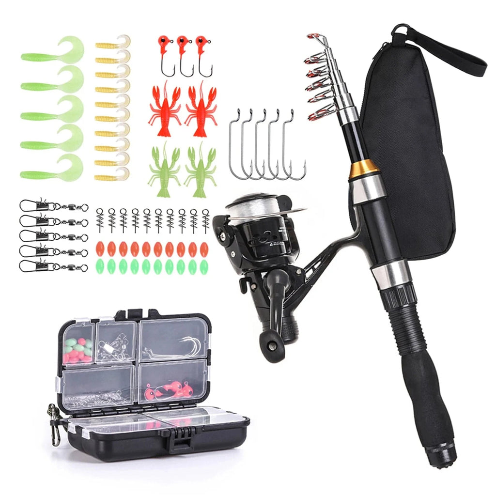 Fishing Rod Reel Combo Full Kit 1.5m Telescopic Fishing Rod Spinning Reel Set with Hooks Soft Lures Barrel Swivels Storage Bag-WAYBIKER