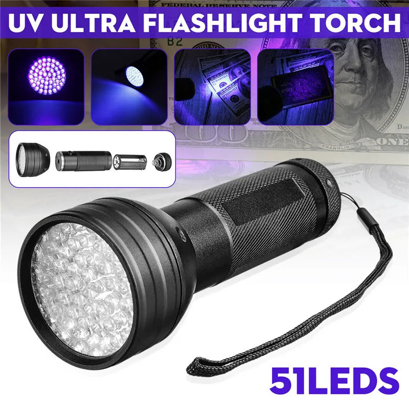 UV Flashlight Black Light Blacklight Detector for Dog Urine Ultraviolet Flashlight 51 LED 395nm Handheld Blac-WAYBIKER
