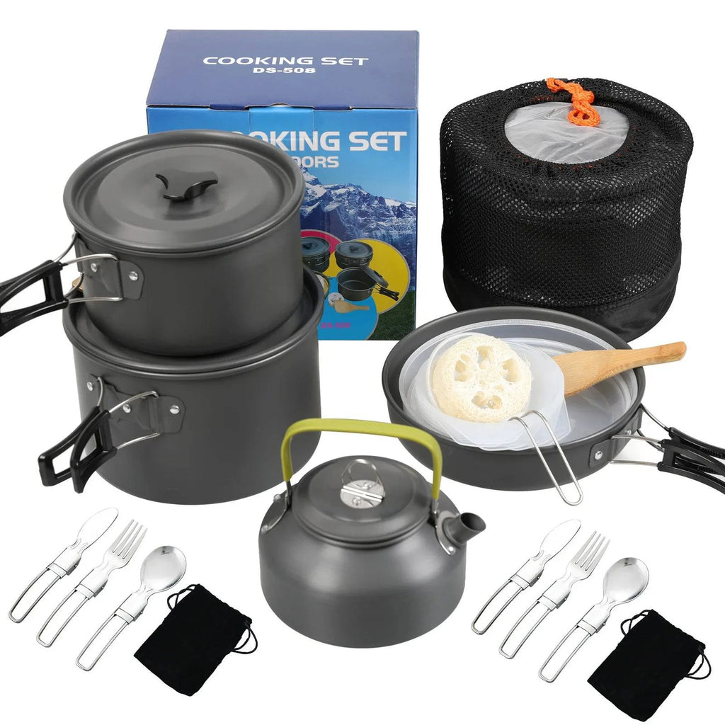 Camping Cookware Mess Kit Non-Stick Pot Frying Pan Teapot Set with Kettle Rice Shovel Fork Spoon and Kinfe for Camping Hiking-WAYBIKER