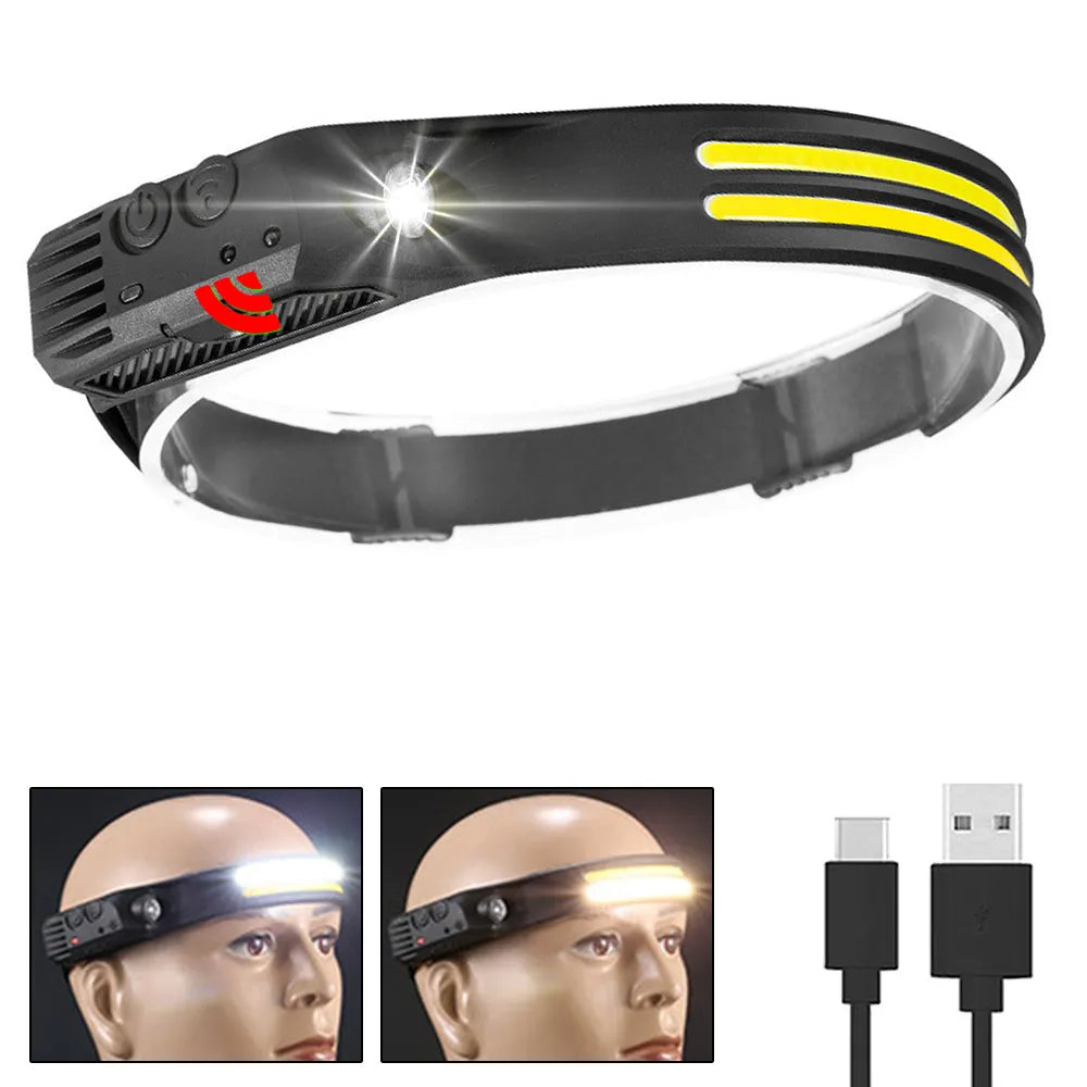 Multi-function Sensor Headlamp COB Head Lamp Flashlight Outdoor USB Rechargeable Waterproof Headlight 5 Lighting Modes Torch-WAYBIKER