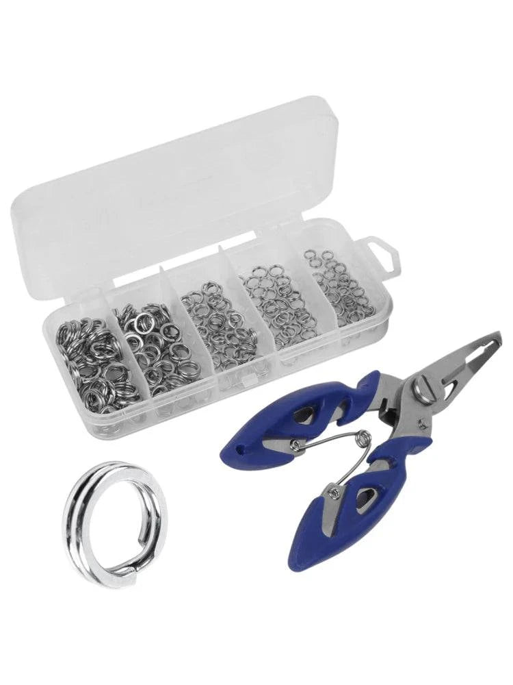 200pcs Assorted 5 Size Split Rings Stainless Steel Fishing Lures Tackle Connectors with Fishing Pliers-WAYBIKER