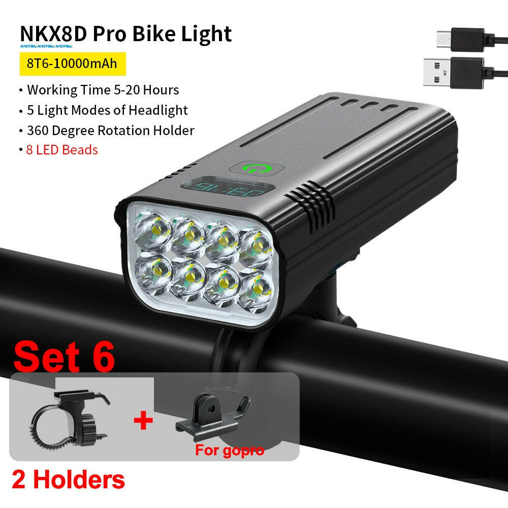 NATFIRE 10000mAh Bicycle Light with Digital Battery Indicator USB Rechargeable Bike Light Set 8 LED Flashlight-WAYBIKER