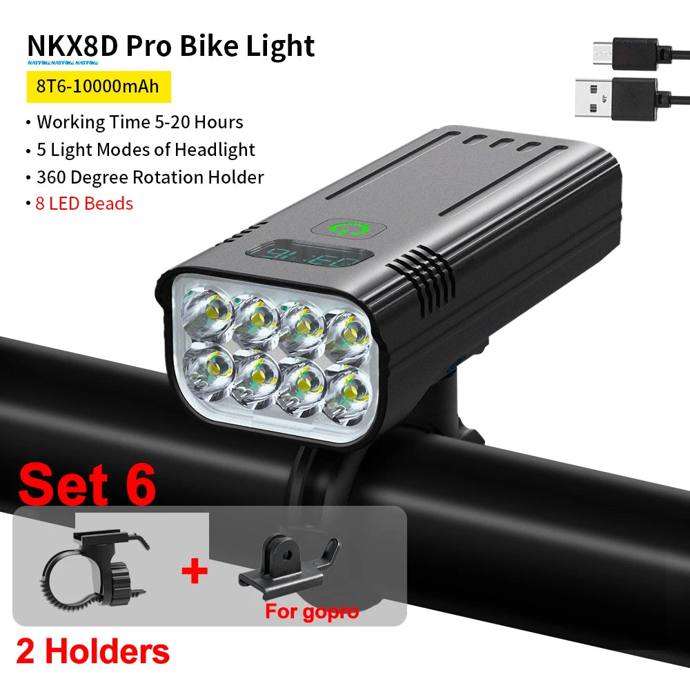 NATFIRE 10000mAh Bicycle Light with Battery Indicator USB Rechargeable Bike Light Set 8 LED Flashlight