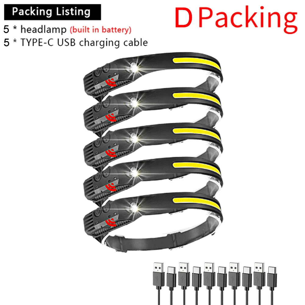LED Induction Headlamp COB Headlight Built-in 1200mAh Lithium Battery Rechargeable Portable 5 Modes Warning Head Torch-WAYBIKER