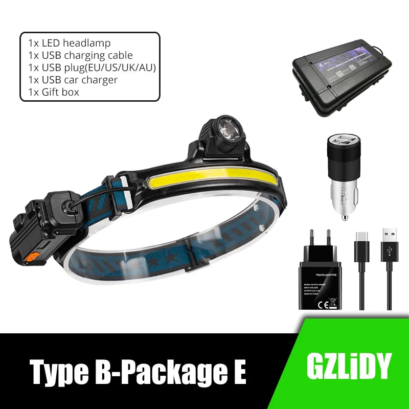 IR Sensor LED Headlamp Powerful XPG+COB Headlight 2000mAh 18650 USB Head Lamp Portable Floodlight Flashlight Waterproof Lantern-WAYBIKER