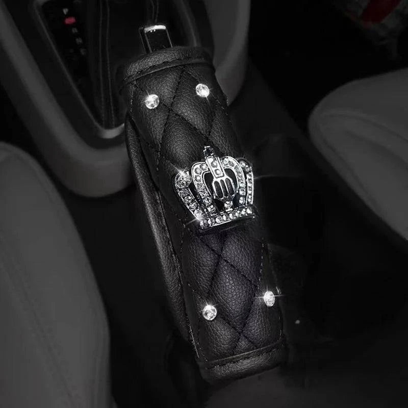 Car Seat Belt Cover Leather Seat Belt Shoulder Pad Crown Crystal Rhinestones Diamond Shifter Gear Cover Hand Brake Covers Sets-WAYBIKER