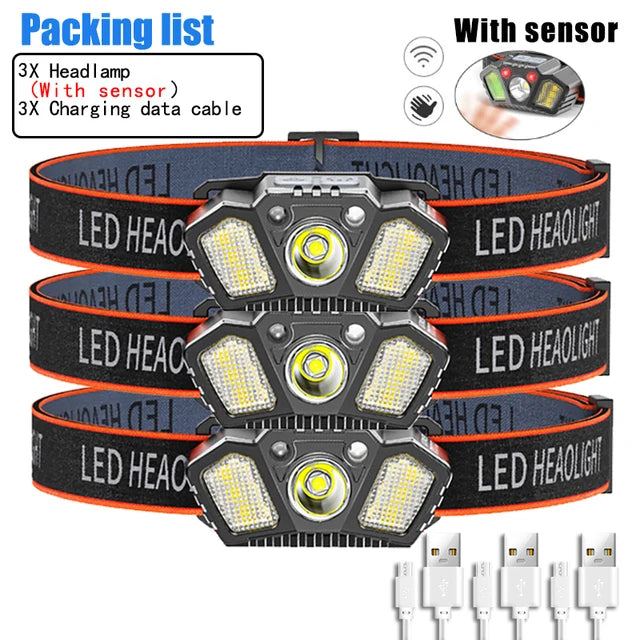 Super Bright LED Sensor Headlamp USB Rechargeable With Red Caution Light 5 Modes Outdoor Fishing Camping Hiking Head Flashlight-WAYBIKER