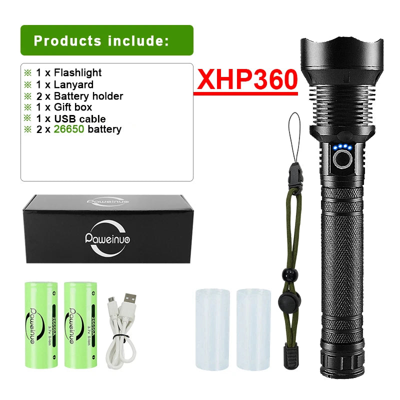 3800LM XHP360 LED Rechargeable Flashlight 18650 USB High Power LED Flashlight Zoom Torch IPX5 Tactical Lantern Camping Hand Lamp-WAYBIKER
