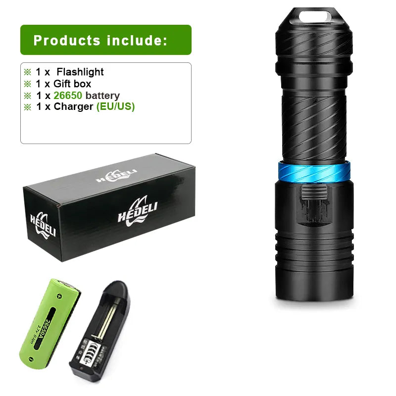 Professional Diving Torch IPX8 100M Diving Flashlight 18650 26650 Underwater Lamp Rechargeable Led Lantern Waterproof Flashlight-WAYBIKER
