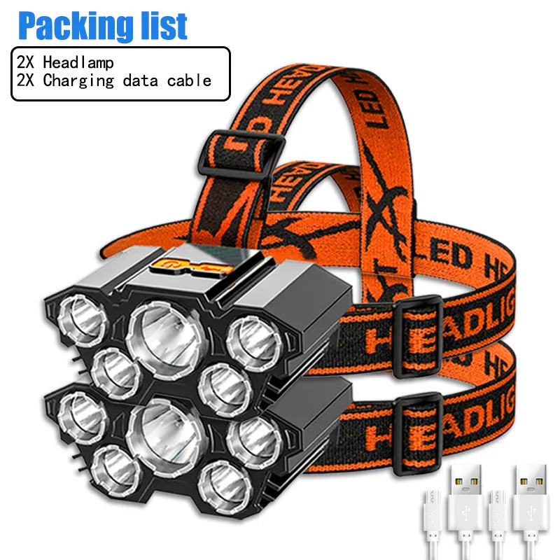 USB Rechargeable 5LED Headlamp High Power Head Flashlight 18650 Built-in battery Headlight LED Head Torch For Camping Fishing-WAYBIKER