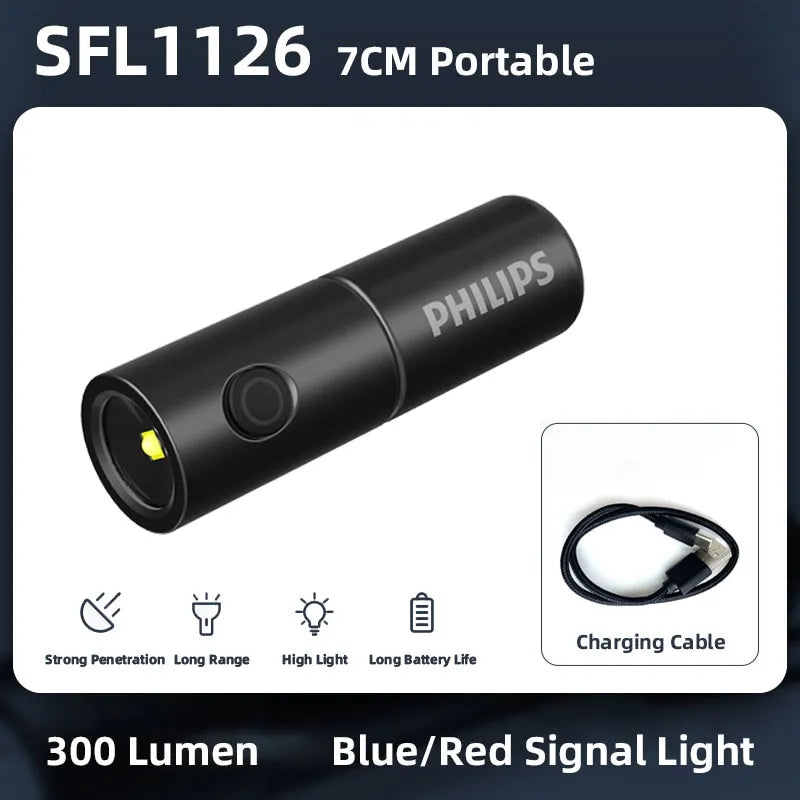 Philips New 7cm LED Rechargeable Mini Portable Flashlight 7 Lighting Modes For Hiking And Travel Self Defense-WAYBIKER