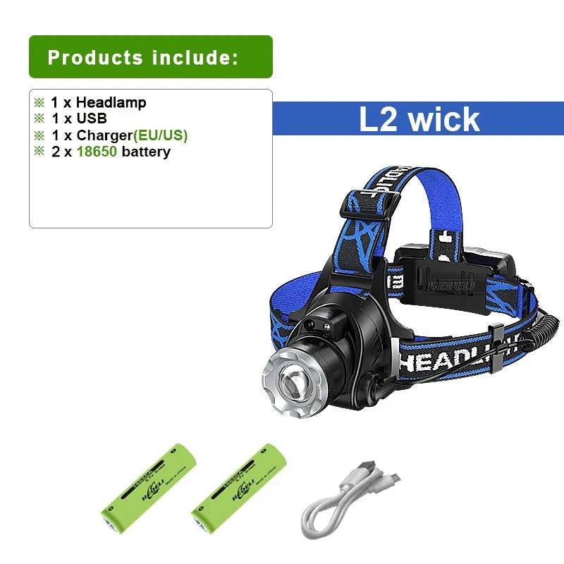 IR Sensor L2 High Powerful Led Headlamp T6 Zoomable Headlight Rechargeable Head Light 18650 XHP90 Head Lamp for Fishing Hunting-WAYBIKER