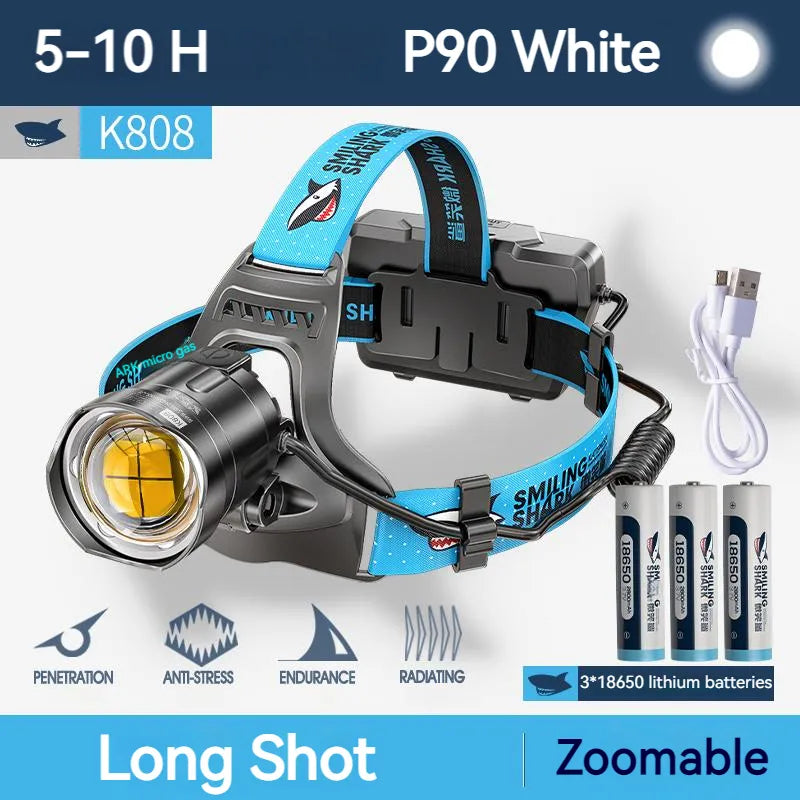 Smilling Shark K808 Super Bright Headlight LED P100 8000LM Headlamp Rechargeable Zoomable Head Flashlight for Camping Hiking-WAYBIKER