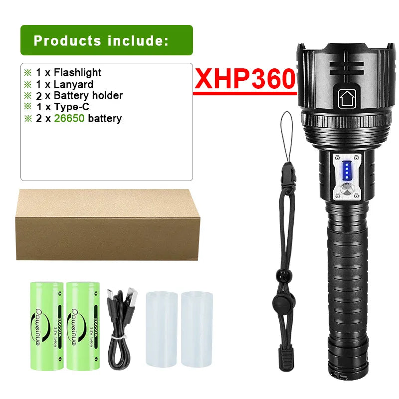 Super Powerful LED Flashlight XHP360 Rechargeable Working Torch Usb Zoomable Tactical Flash Light 18650 Camping Hunting Lantern-WAYBIKER