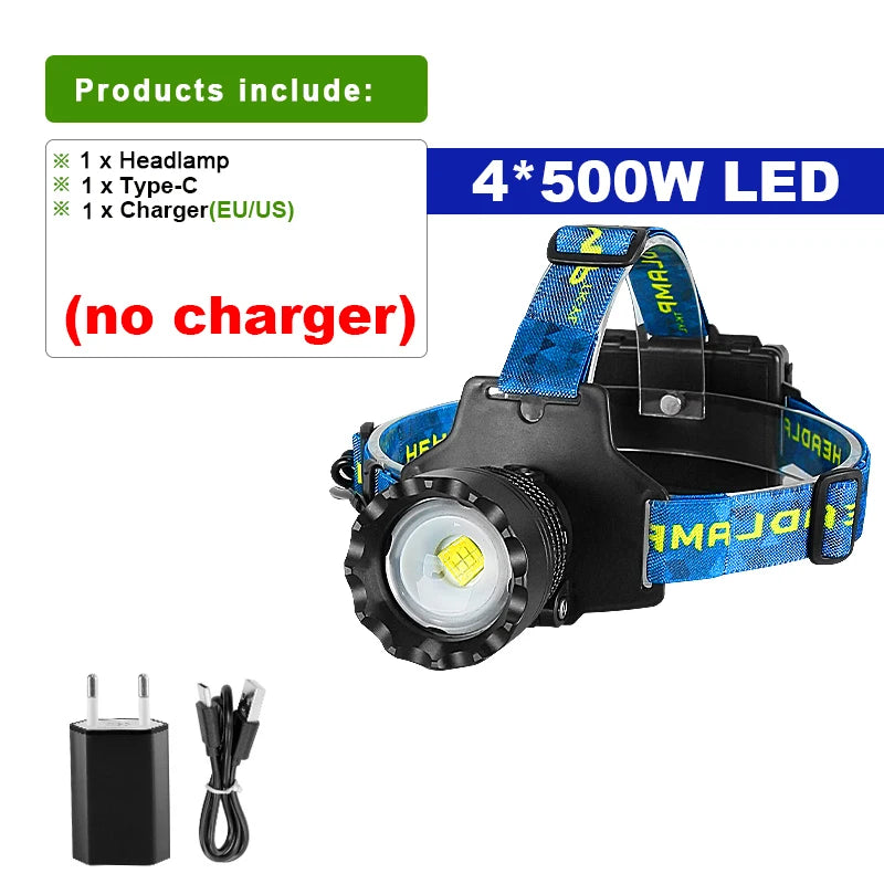 Super Powerful Headlamp 4core 30W LEDs Rechargeable Head Lamp 3mode Waterproof Head Flashlight Lantern 1500M Zoomable Headlight-WAYBIKER