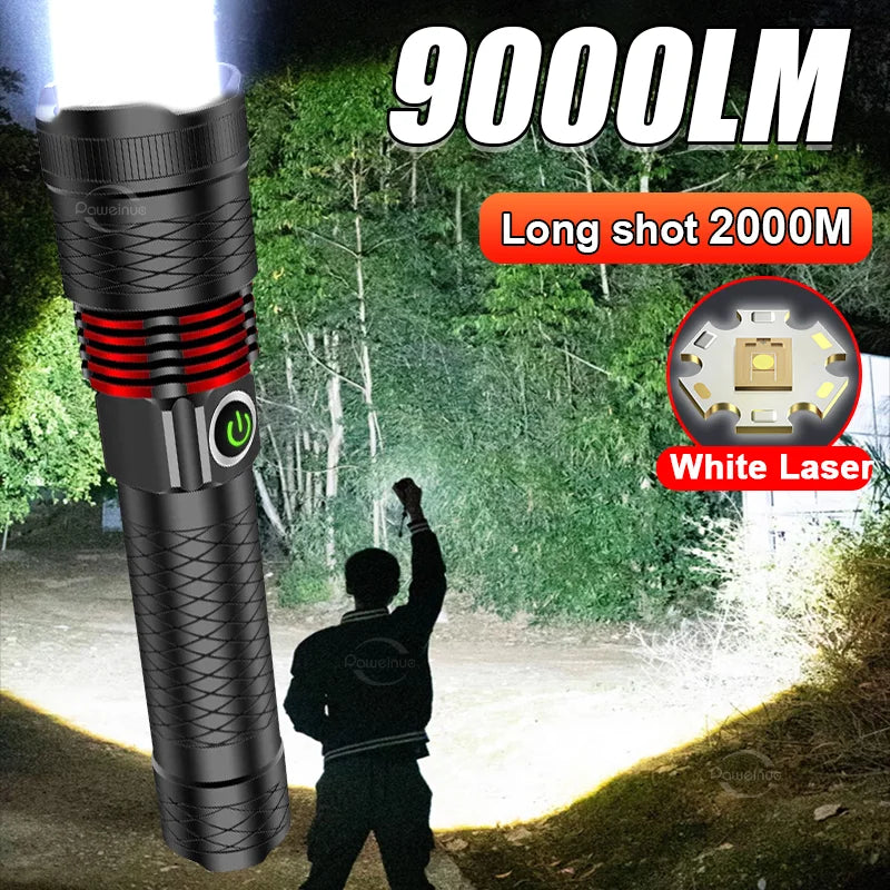NEW 9000LM Rechargeable LED Flashlights White Laser Lamp Beads 2000m Super Bright Flashlight Powerful Lantern Camping Torch-WAYBIKER