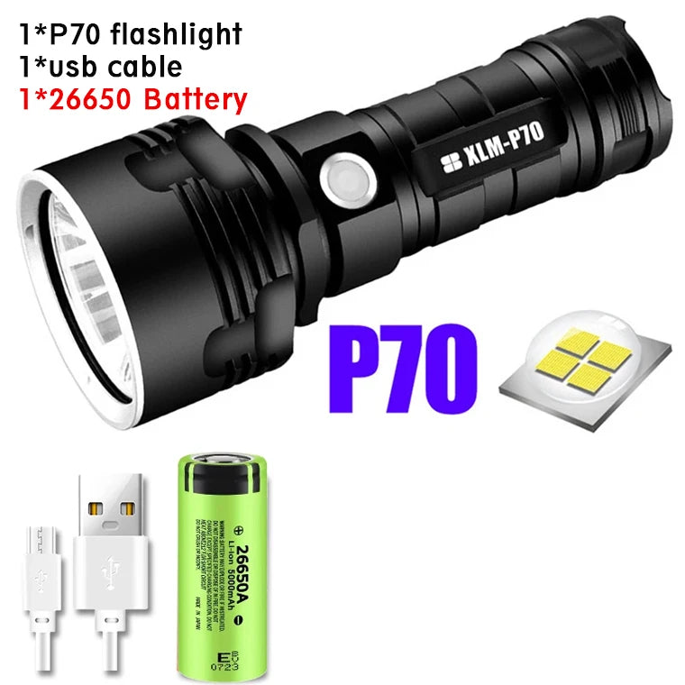 P70 Super Bright Flashlight  High Power LED CampingEmergency Light USB Rechargeable Torch Waterproof Light  Long Battery Life-WAYBIKER