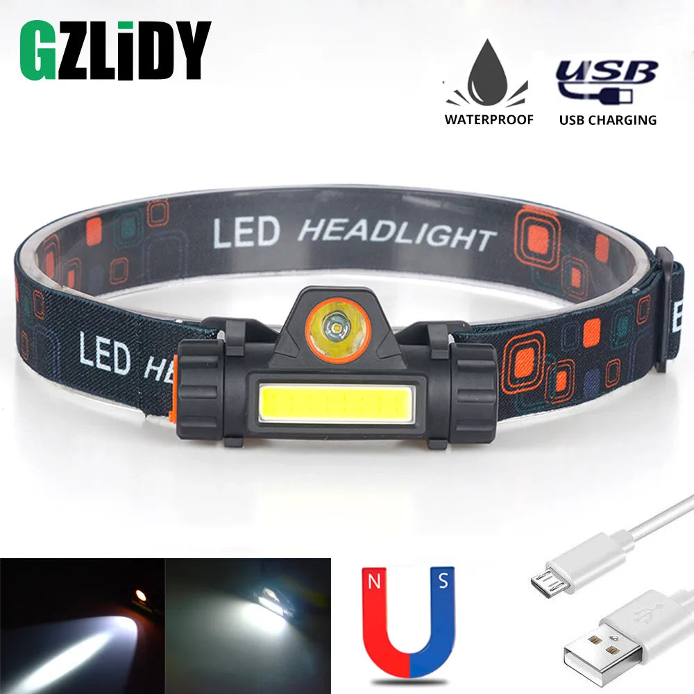 Waterproof LED Headlamp COB Work Light 2 Light Modes with Magnet USB Headlight Built-in Battery Suit for Fishing, Camping, Etc.-WAYBIKER